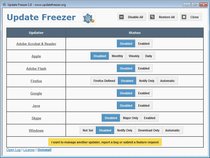 http://www.updatefreezer.org/images/UpdateFreezerMainWindow.png-ScreenShoot Update Freezer 1.4.89 | menonaktifkan sementara berbagai update software otomatis